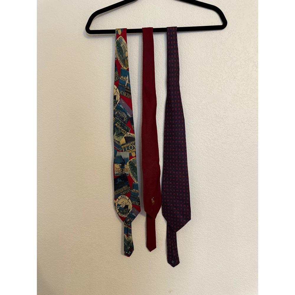 Polo Ralph Lauren Neckties Lot of 3‎ Silk Red Blue Pattern Travel Print